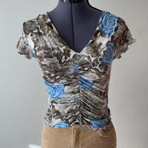 Y2K Vintage 2000s mesh floral rose blue ruched top grunge rockstar